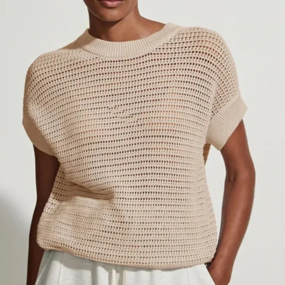 VARLEY Tan open, knit drawstring, crewneck sweater quite luxury costal_2